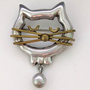 Vintage TAXCO Mexico TV-119 Sterling Silver 925 Cat Face Ball Dangle Brooch Pin